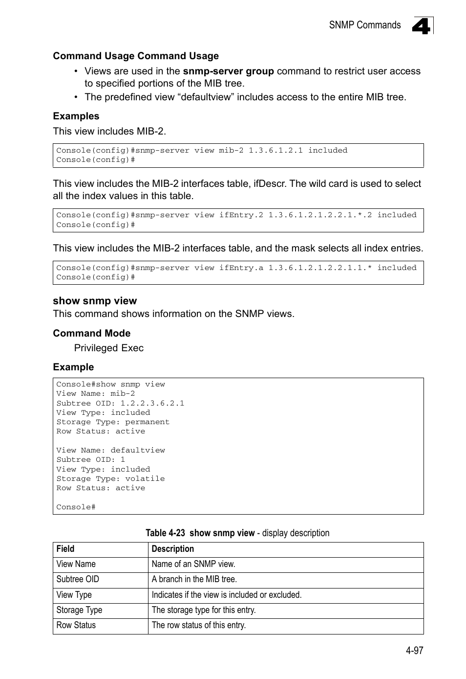 Show snmp view, Table 4-23, Show snmp view - display description | LevelOne FGL-2870 User Manual | Page 463 / 800