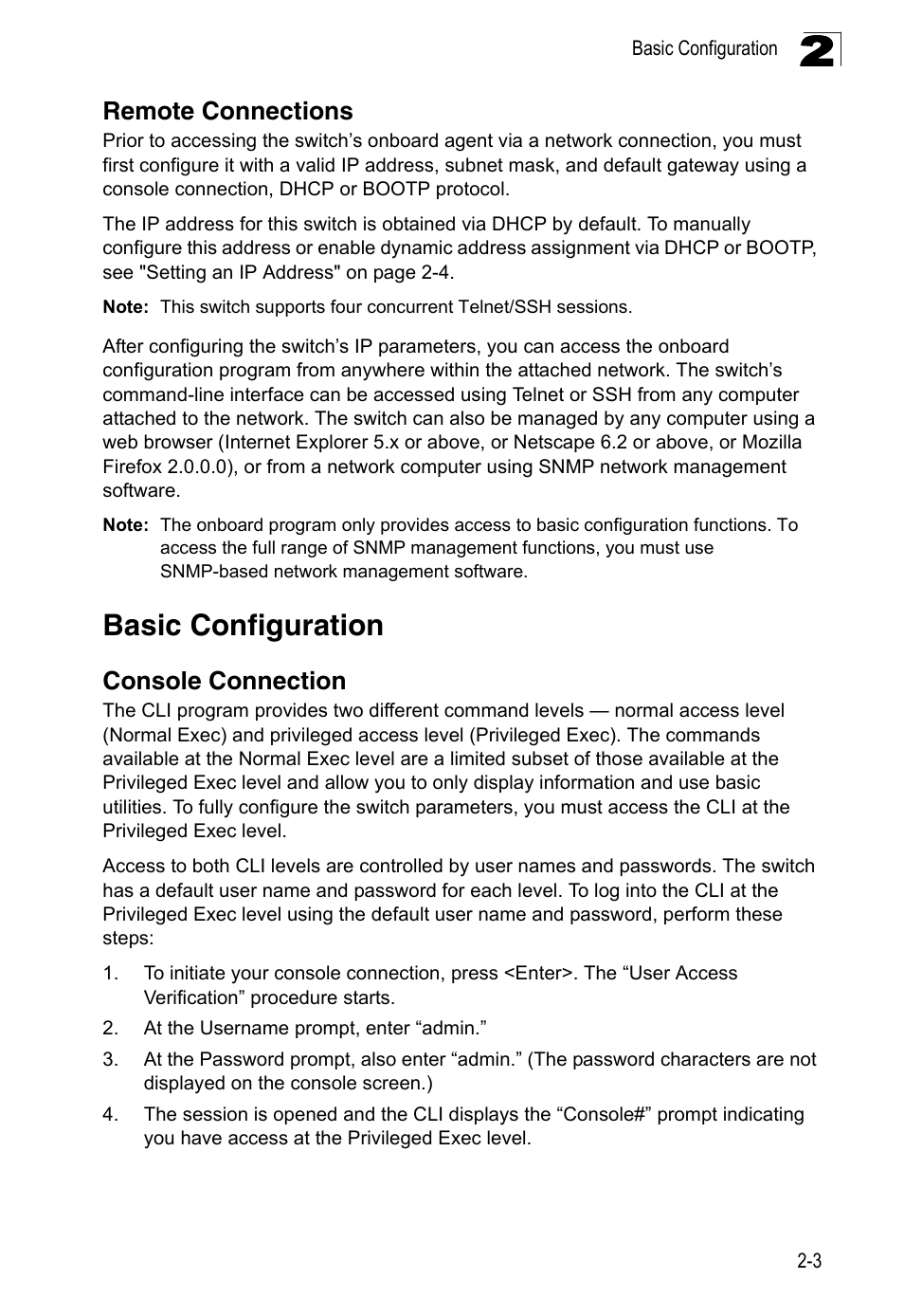 Remote connections, Basic configuration, Console connection | LevelOne FGL-2870 User Manual | Page 47 / 800