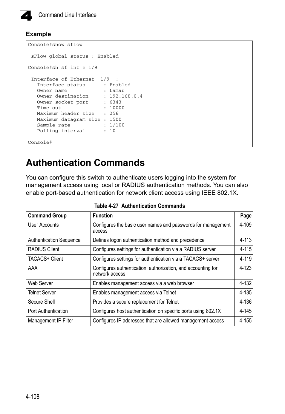 Authentication commands, Table 4-27 | LevelOne FGL-2870 User Manual | Page 474 / 800
