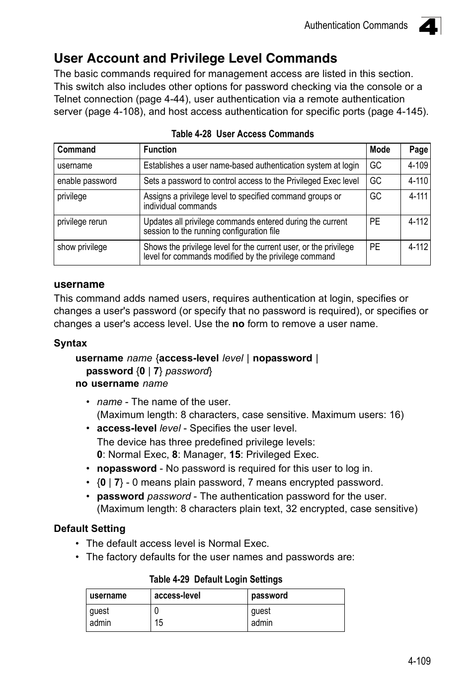 User account and privilege level commands, Username 4-109, Table 4-28 | User access commands, Table 4-29, Default login settings, Username (4-109) | LevelOne FGL-2870 User Manual | Page 475 / 800