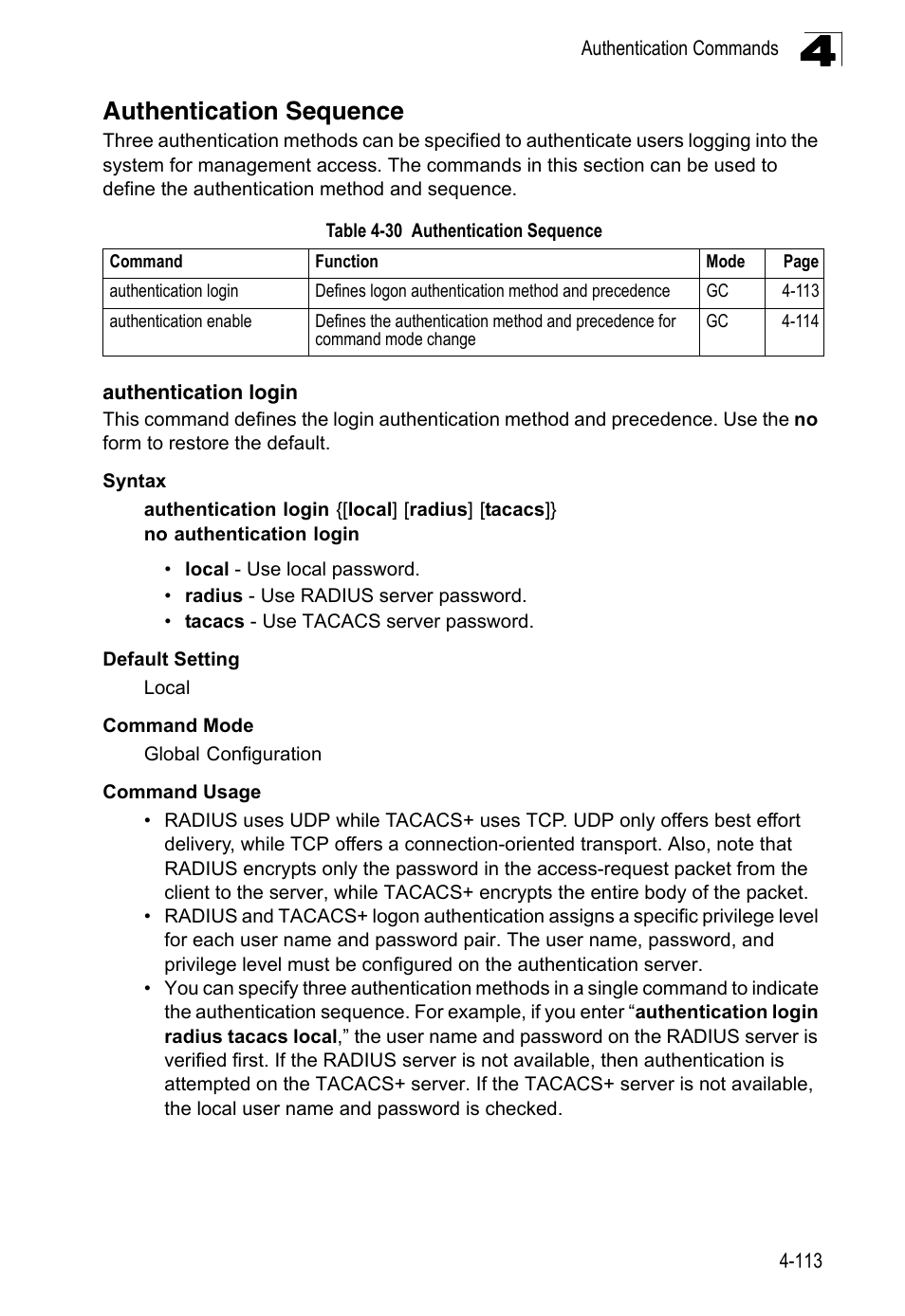 Authentication sequence, Authentication login, Table 4-30 | LevelOne FGL-2870 User Manual | Page 479 / 800