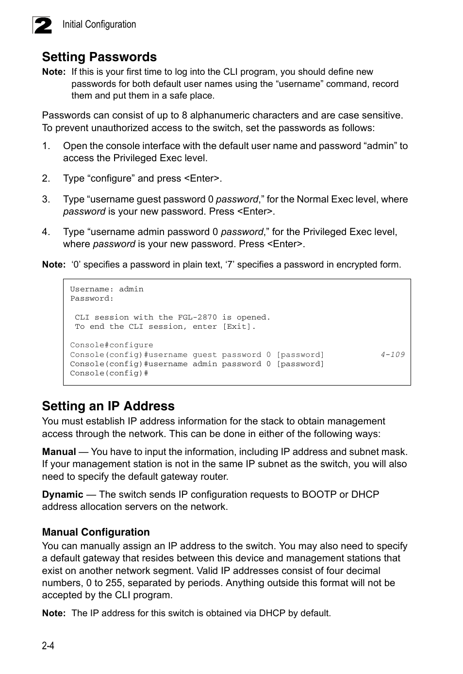 Setting passwords, Setting an ip address, Manual configuration | LevelOne FGL-2870 User Manual | Page 48 / 800