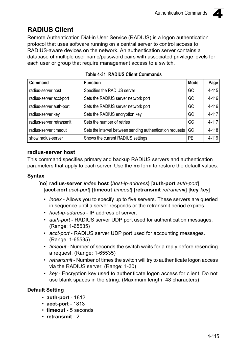 Radius client, Radius-server host, Table 4-31 | Radius client commands | LevelOne FGL-2870 User Manual | Page 481 / 800