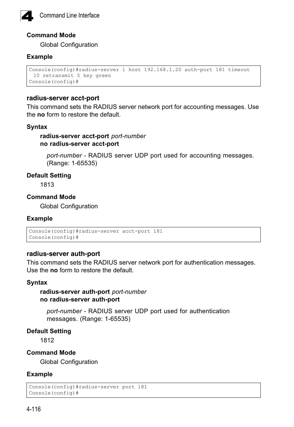 Radius-server acct-port, Radius-server auth-port | LevelOne FGL-2870 User Manual | Page 482 / 800