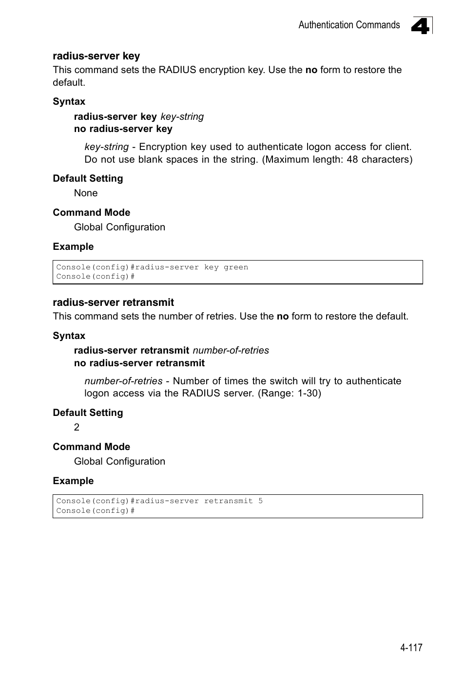 Radius-server key, Radius-server retransmit | LevelOne FGL-2870 User Manual | Page 483 / 800