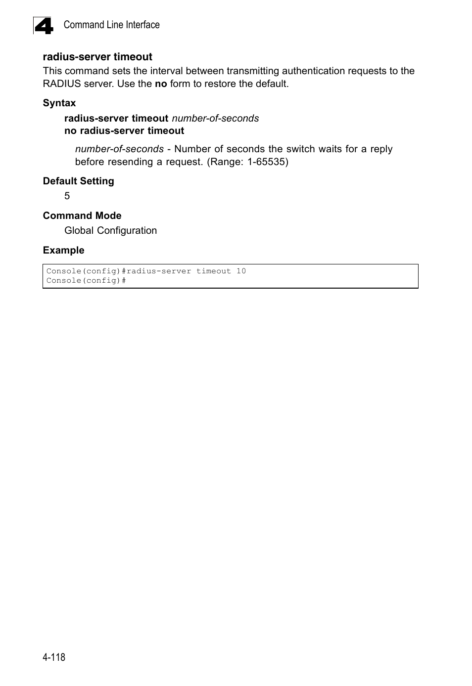 Radius-server timeout | LevelOne FGL-2870 User Manual | Page 484 / 800