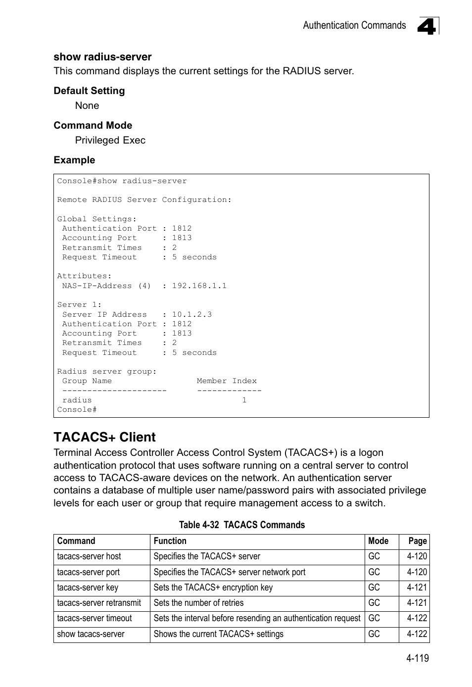 Tacacs+ client, Show radius-server, Table 4-32 | Tacacs commands | LevelOne FGL-2870 User Manual | Page 485 / 800