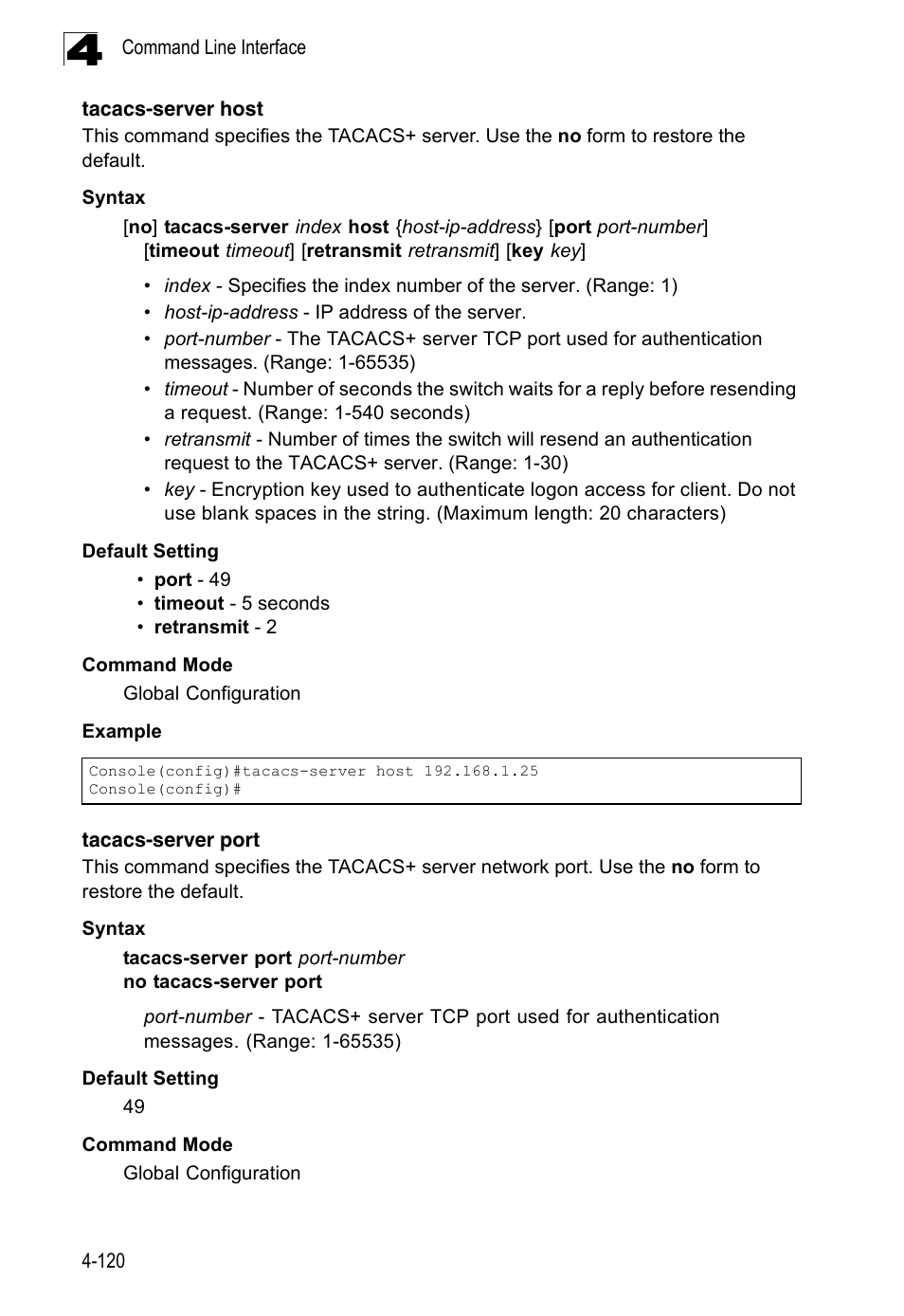 Tacacs-server host, Tacacs-server port | LevelOne FGL-2870 User Manual | Page 486 / 800