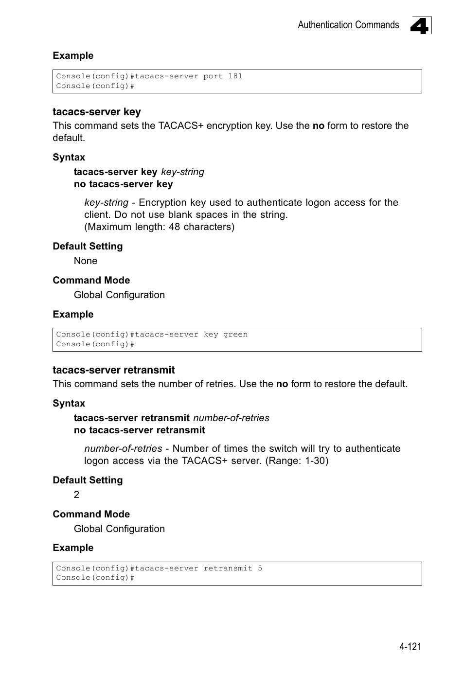 Tacacs-server key, Tacacs-server retransmit | LevelOne FGL-2870 User Manual | Page 487 / 800