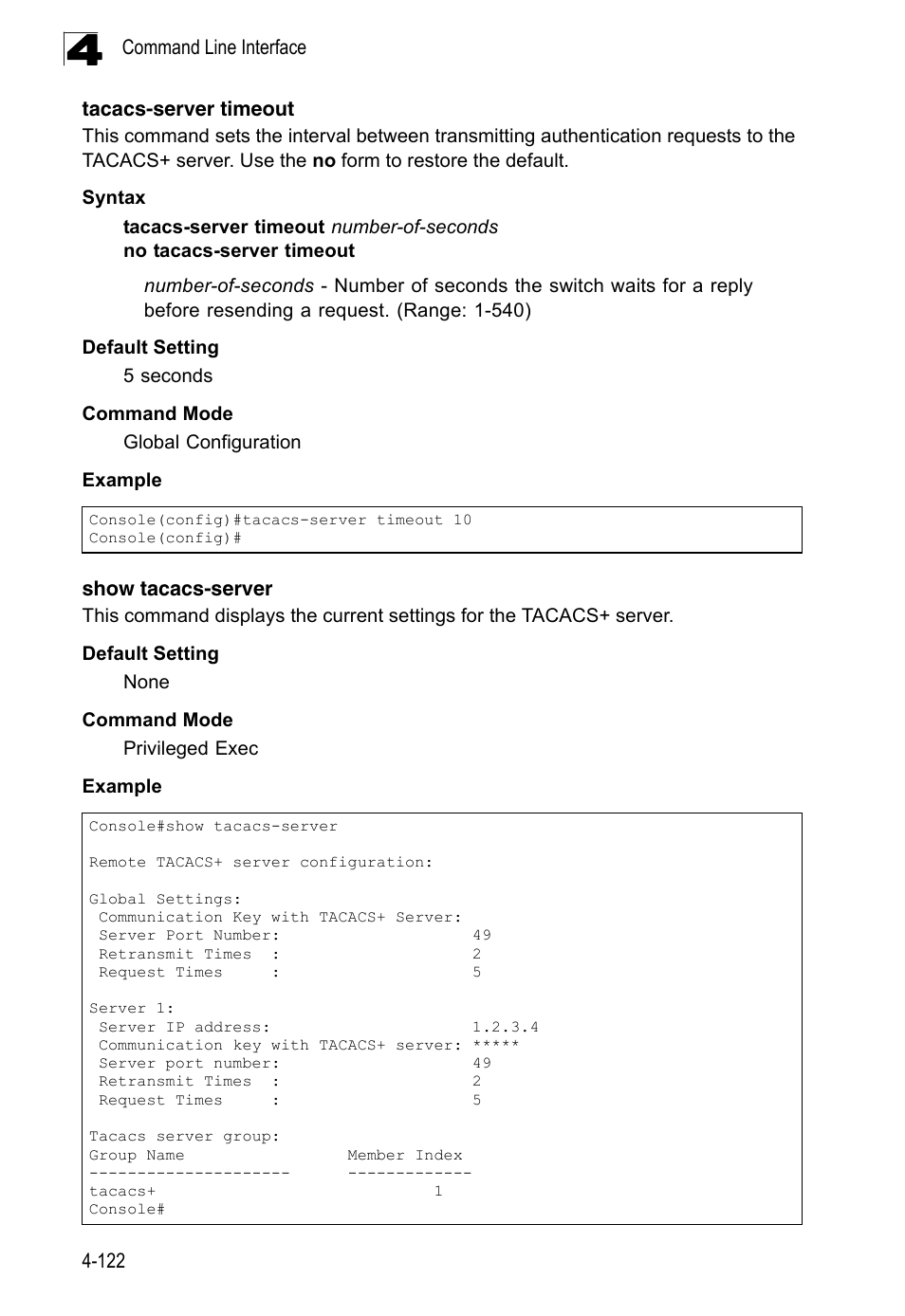 Tacacs-server timeout, Show tacacs-server | LevelOne FGL-2870 User Manual | Page 488 / 800