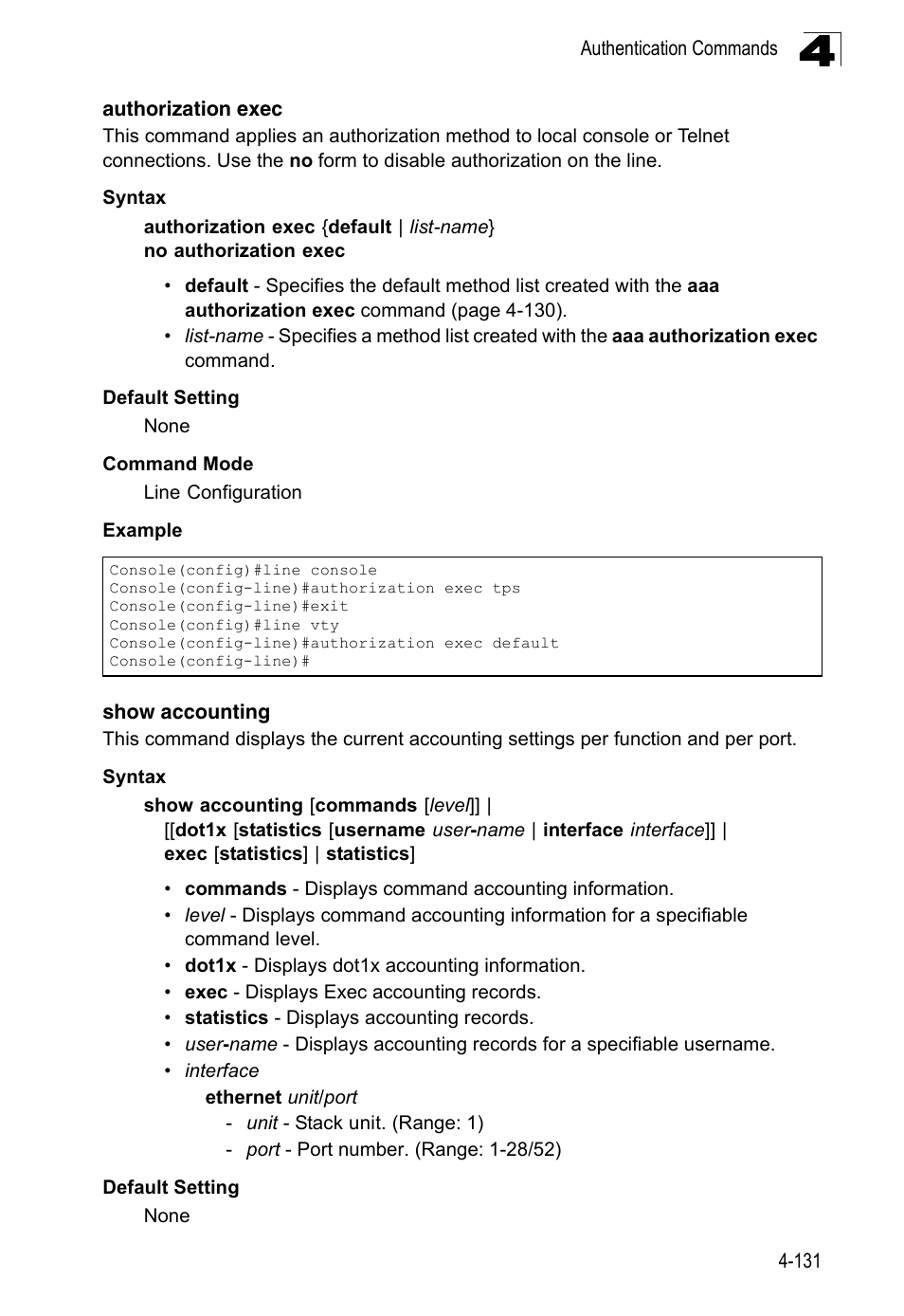 Authorization exec, Show accounting | LevelOne FGL-2870 User Manual | Page 497 / 800