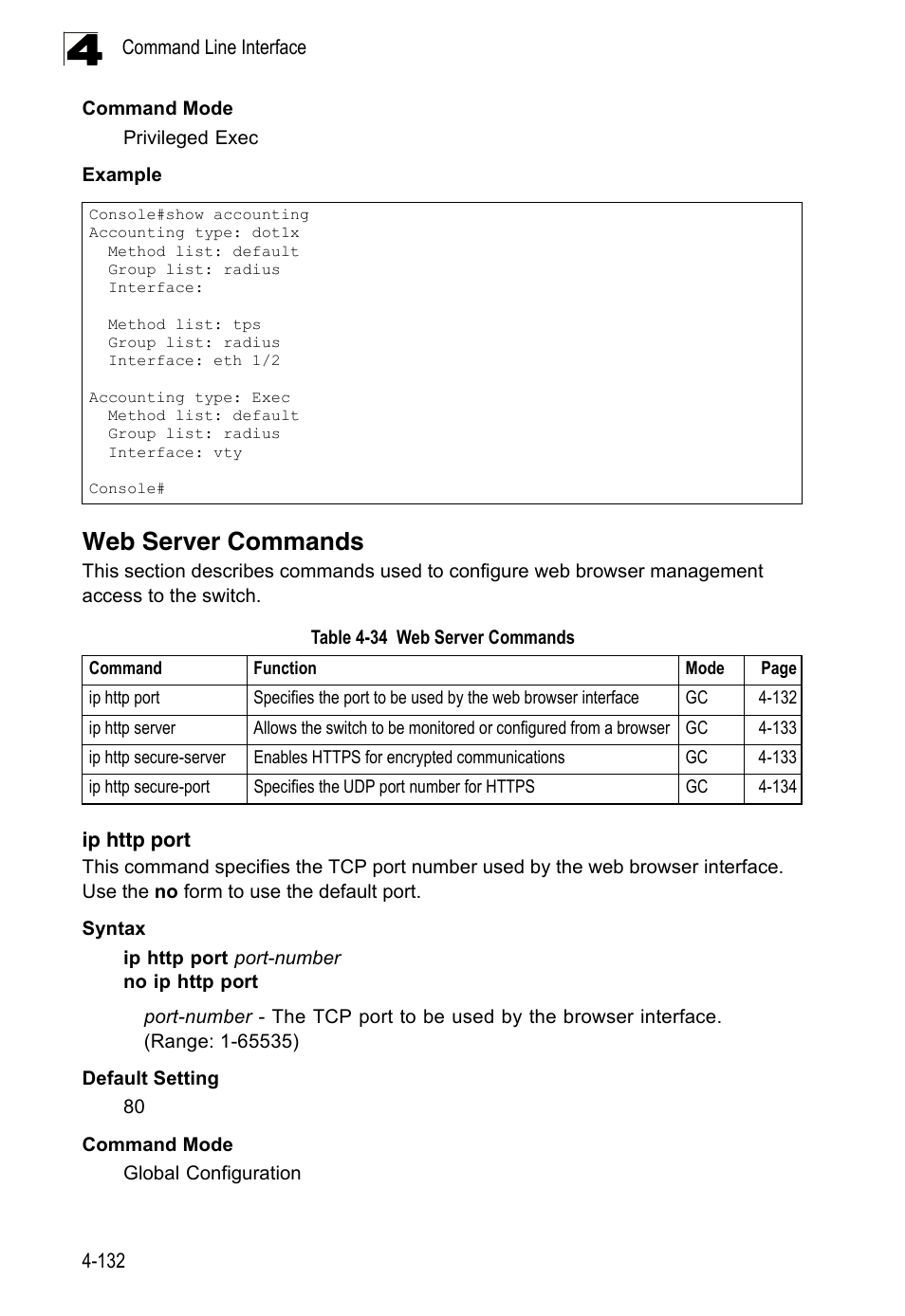 Web server commands, Ip http port, Table 4-34 | LevelOne FGL-2870 User Manual | Page 498 / 800