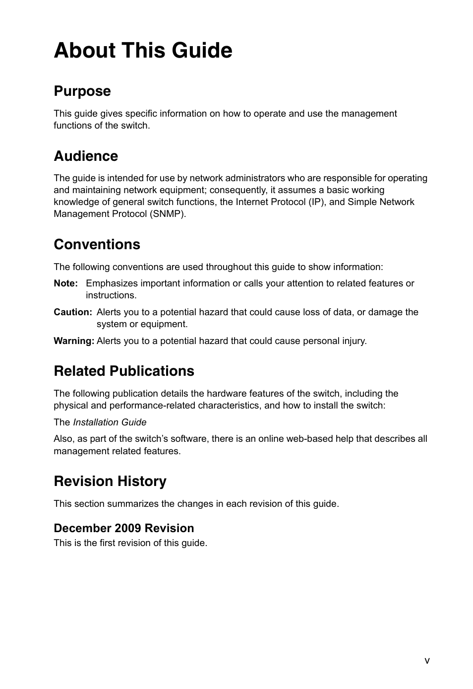 About this guide, Purpose, Audience | Conventions, Related publications, Revision history | LevelOne FGL-2870 User Manual | Page 5 / 800