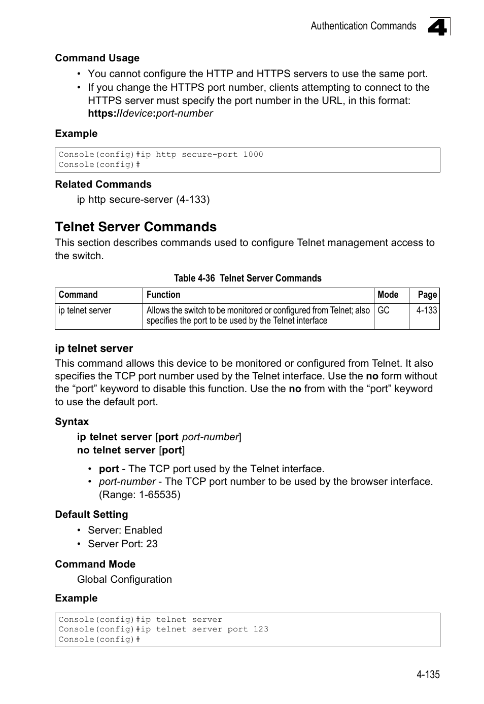 Telnet server commands, Ip telnet server, Table 4-36 | LevelOne FGL-2870 User Manual | Page 501 / 800