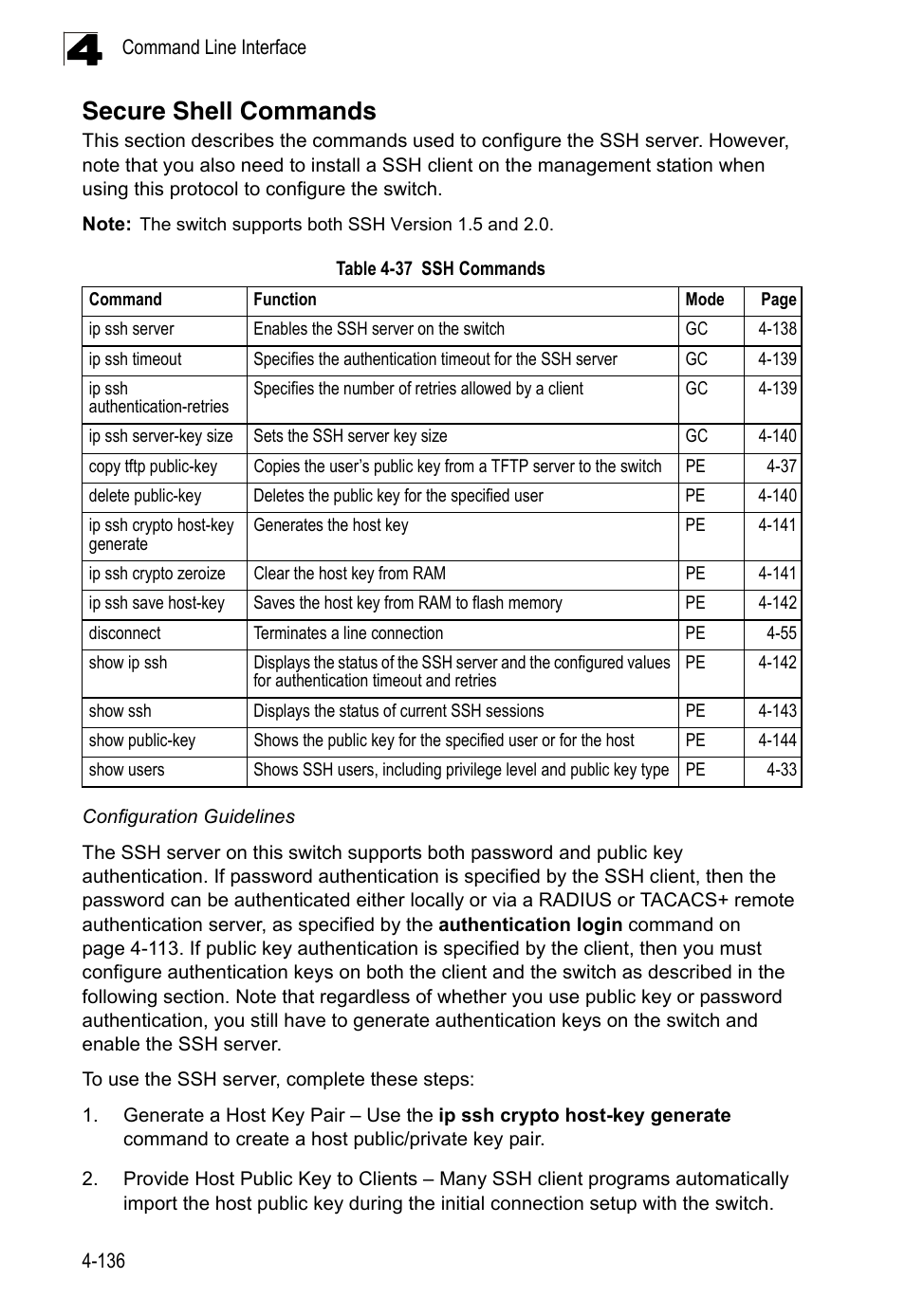 Secure shell commands, Table 4-37, Ssh commands | LevelOne FGL-2870 User Manual | Page 502 / 800