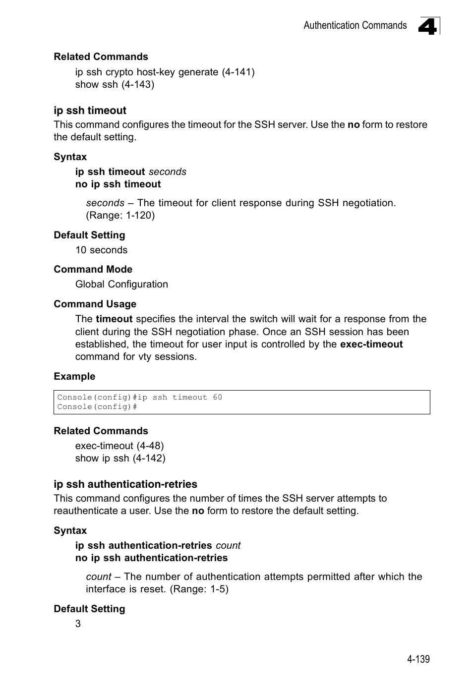 Ip ssh timeout, Ip ssh authentication-retries | LevelOne FGL-2870 User Manual | Page 505 / 800