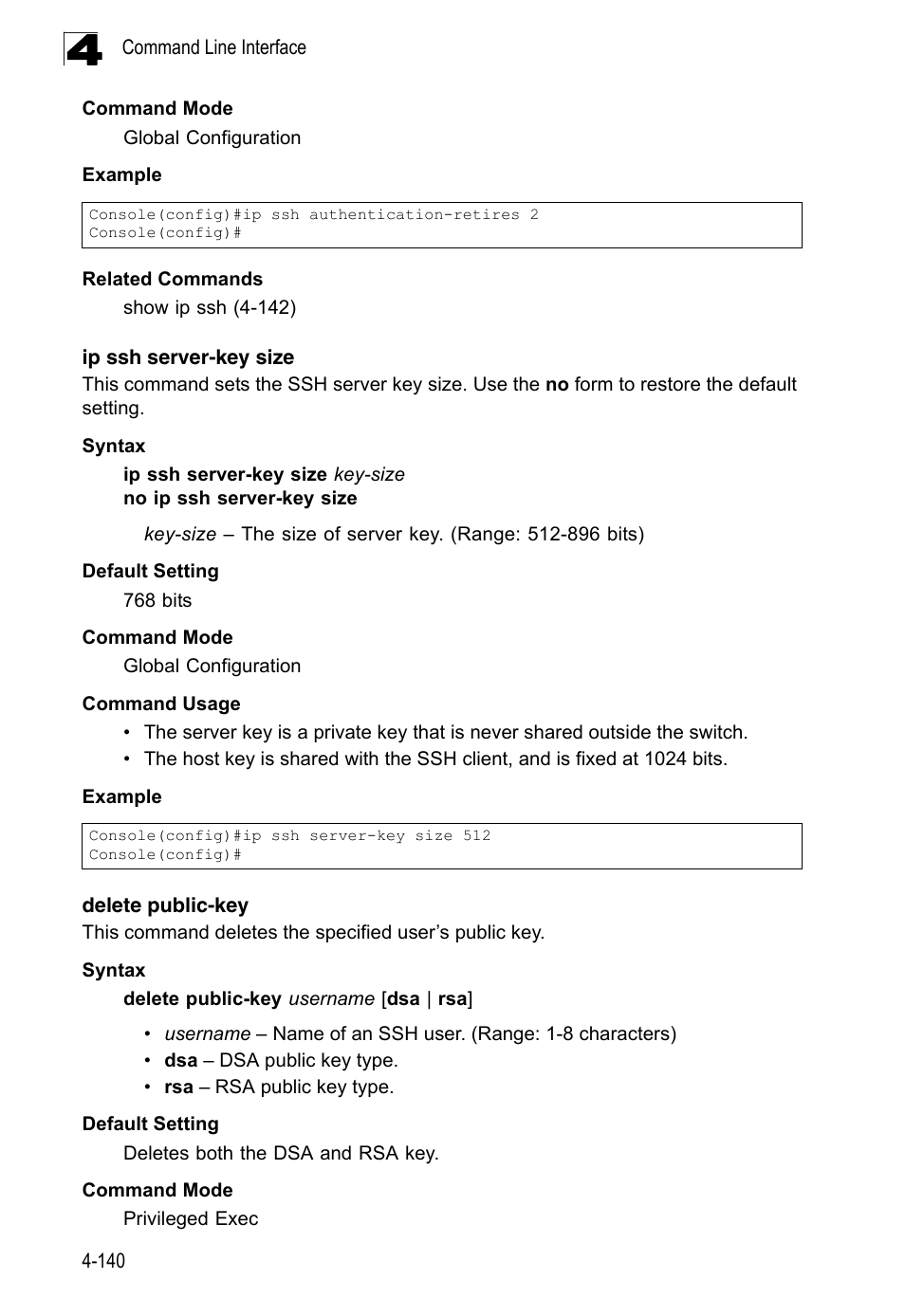 Ip ssh server-key size, Delete public-key | LevelOne FGL-2870 User Manual | Page 506 / 800