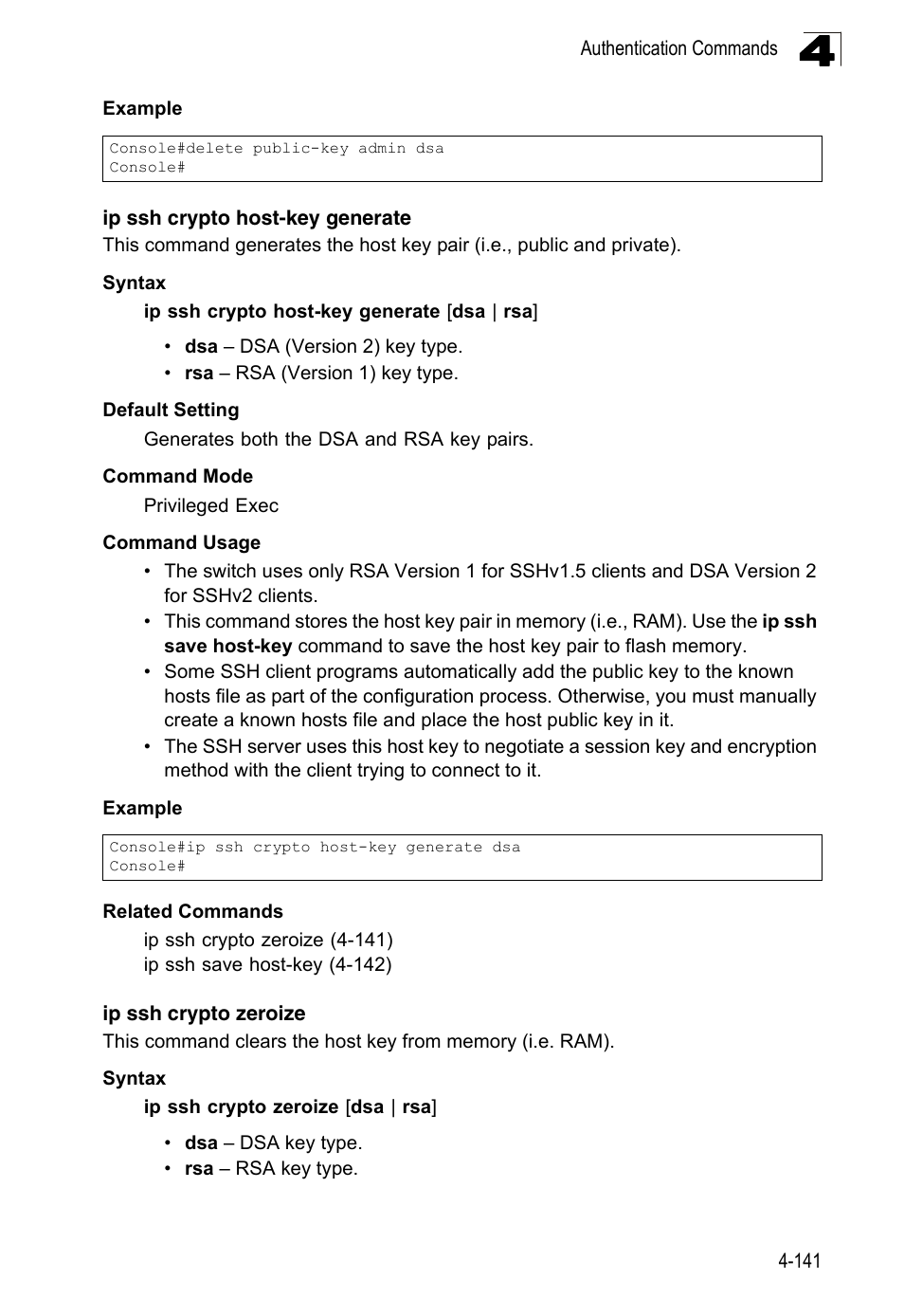 Ip ssh crypto host-key generate, Ip ssh crypto zeroize, He ip ssh crypto host-key generate | Ip ssh crypto host-key generate (4-141) | LevelOne FGL-2870 User Manual | Page 507 / 800