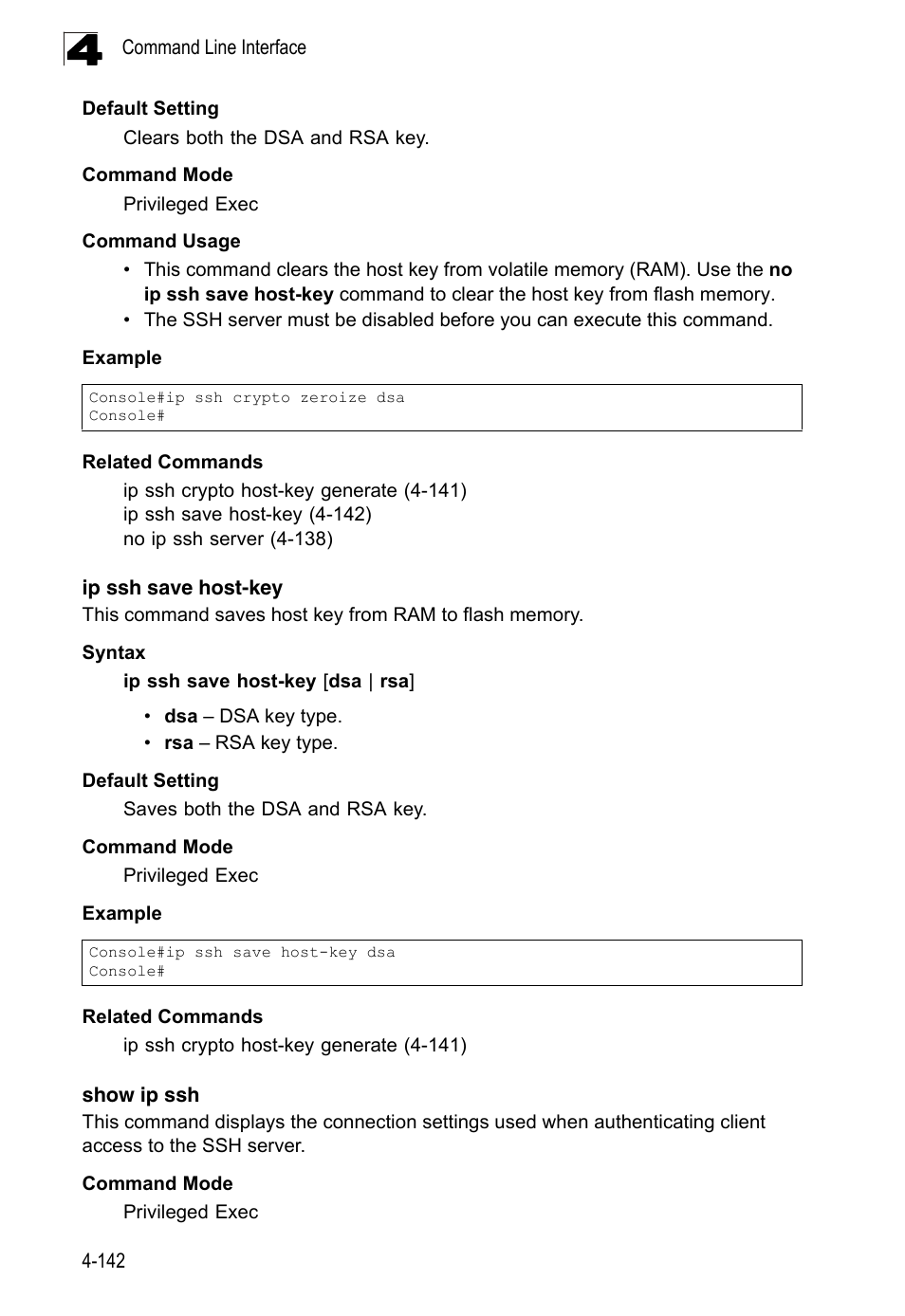 Ip ssh save host-key, Show ip ssh, Show ip ssh (4-142) | He ip ssh, Save host-key comma, Ip ssh save host-key (4-142) | LevelOne FGL-2870 User Manual | Page 508 / 800