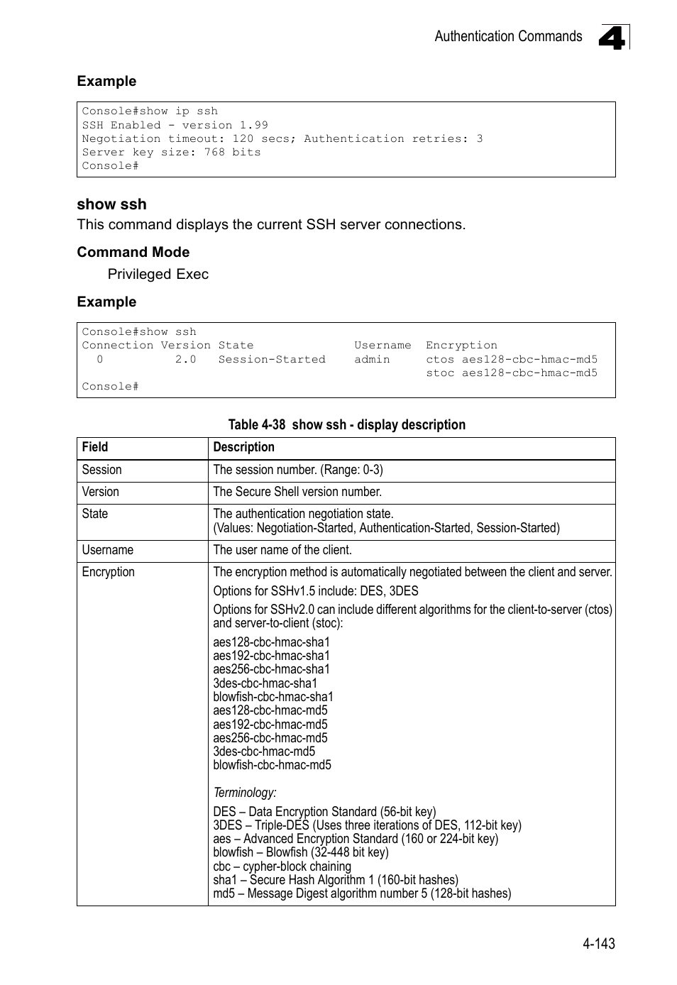 Show ssh, Table 4-38, Show ssh - display description | Show ssh (4-143) | LevelOne FGL-2870 User Manual | Page 509 / 800