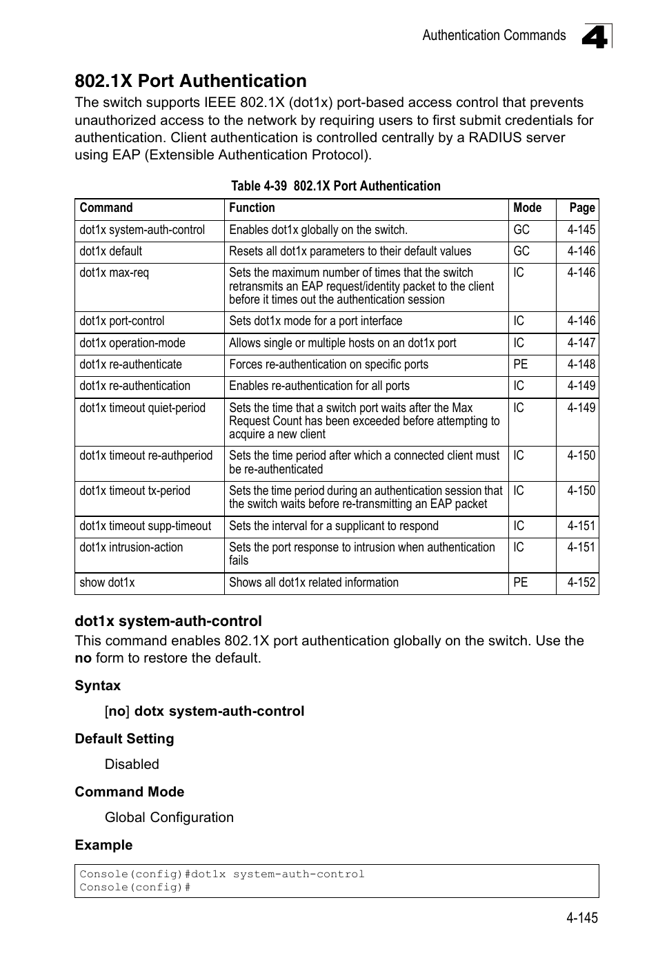 1x port authentication, Dot1x system-auth-control, Table 4-39 | LevelOne FGL-2870 User Manual | Page 511 / 800