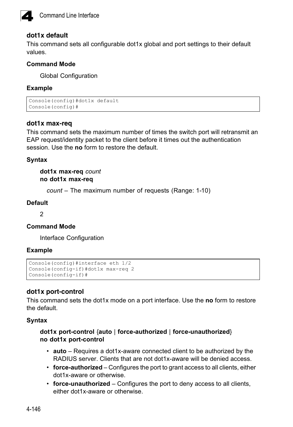 Dot1x default, Dot1x max-req, Dot1x port-control | LevelOne FGL-2870 User Manual | Page 512 / 800