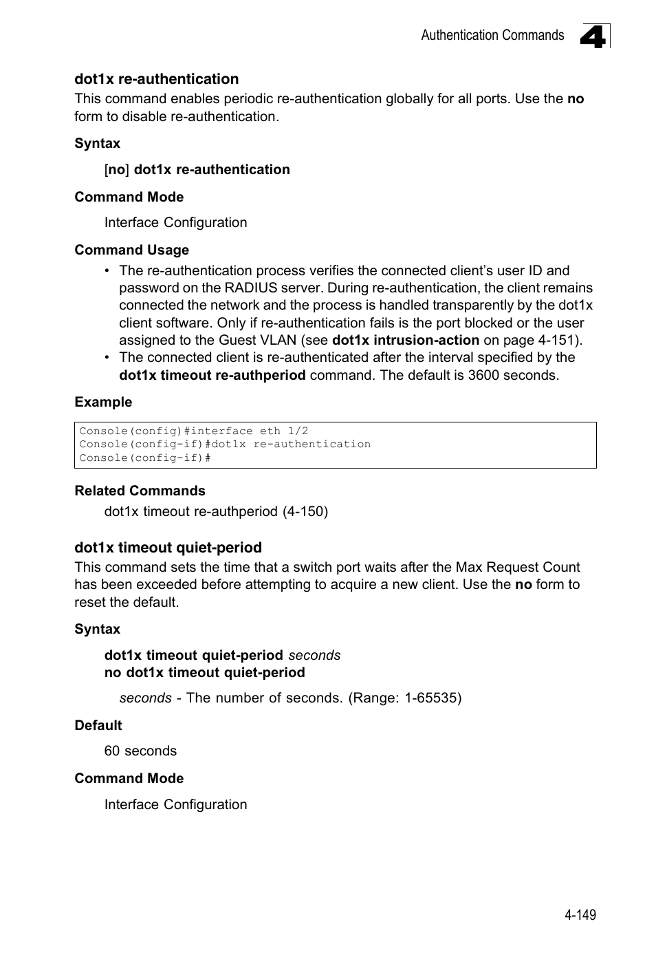 Dot1x re-authentication, Dot1x timeout quiet-period | LevelOne FGL-2870 User Manual | Page 515 / 800