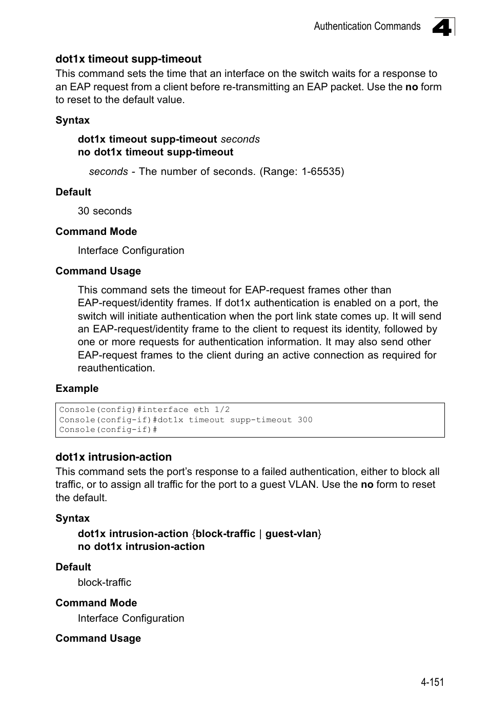 Dot1x timeout supp-timeout, Dot1x intrusion-action | LevelOne FGL-2870 User Manual | Page 517 / 800