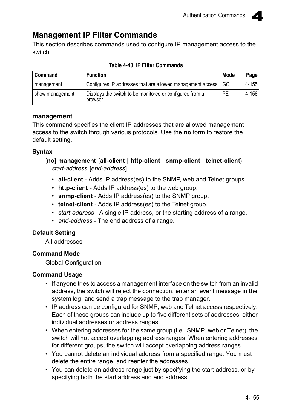 Management ip filter commands, Management 4-155, Table 4-40 | Ip filter commands | LevelOne FGL-2870 User Manual | Page 521 / 800
