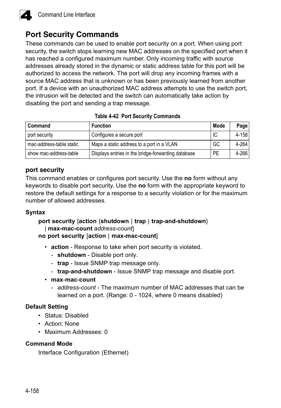Port security commands, Port security, Table 4-42 | LevelOne FGL-2870 User Manual | Page 524 / 800