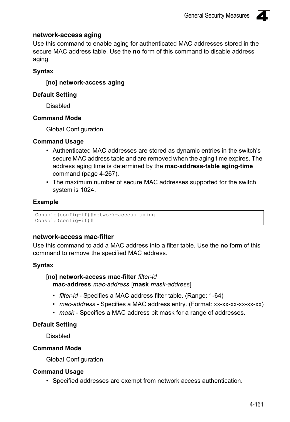 Network-access aging, Network-access mac-filter | LevelOne FGL-2870 User Manual | Page 527 / 800