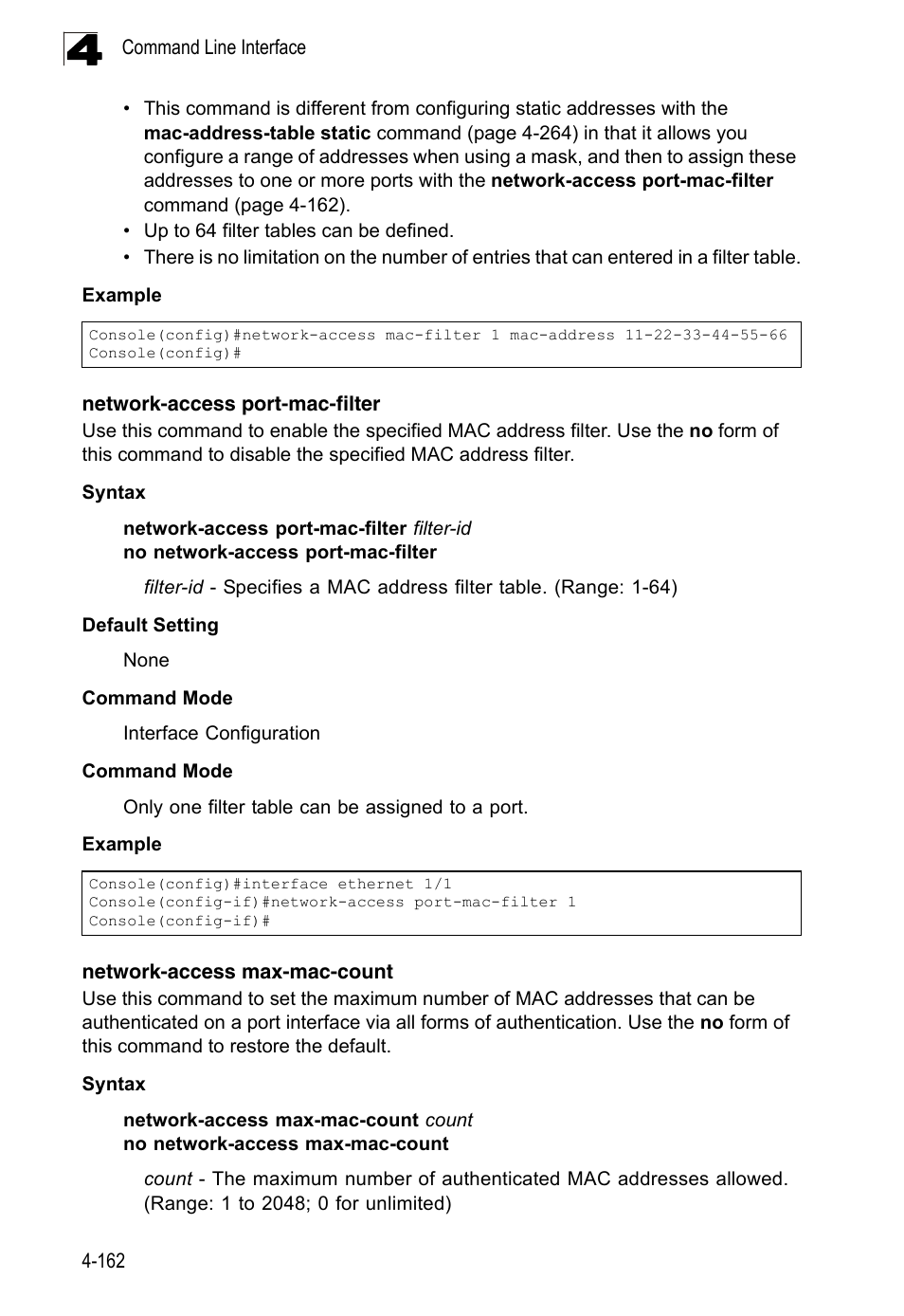 Network-access port-mac-filter, Network-access max-mac-count | LevelOne FGL-2870 User Manual | Page 528 / 800