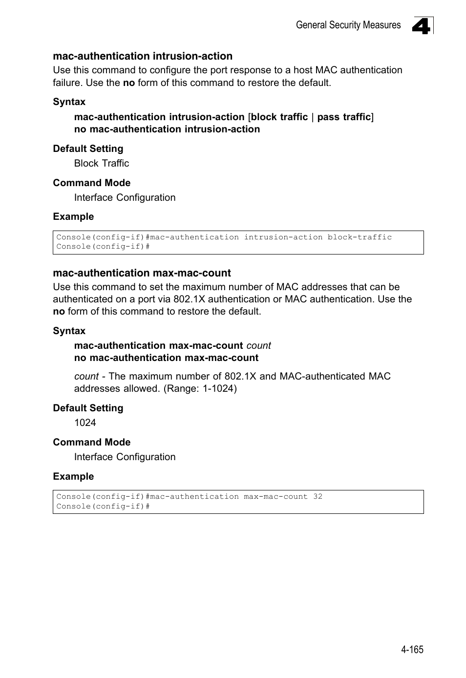 Mac-authentication intrusion-action, Mac-authentication max-mac-count | LevelOne FGL-2870 User Manual | Page 531 / 800