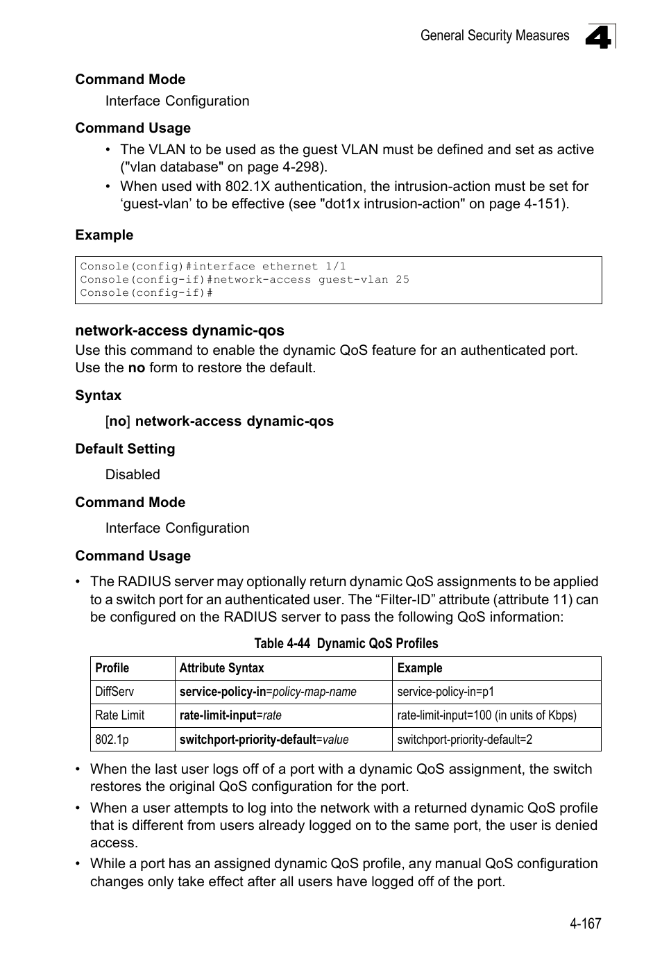 Network-access dynamic-qos, Table 4-44, Dynamic qos profiles | LevelOne FGL-2870 User Manual | Page 533 / 800