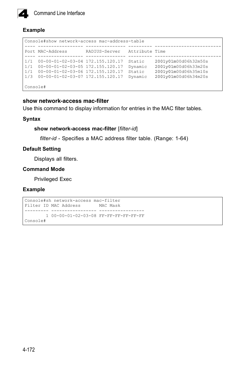 Show network-access mac-filter | LevelOne FGL-2870 User Manual | Page 538 / 800