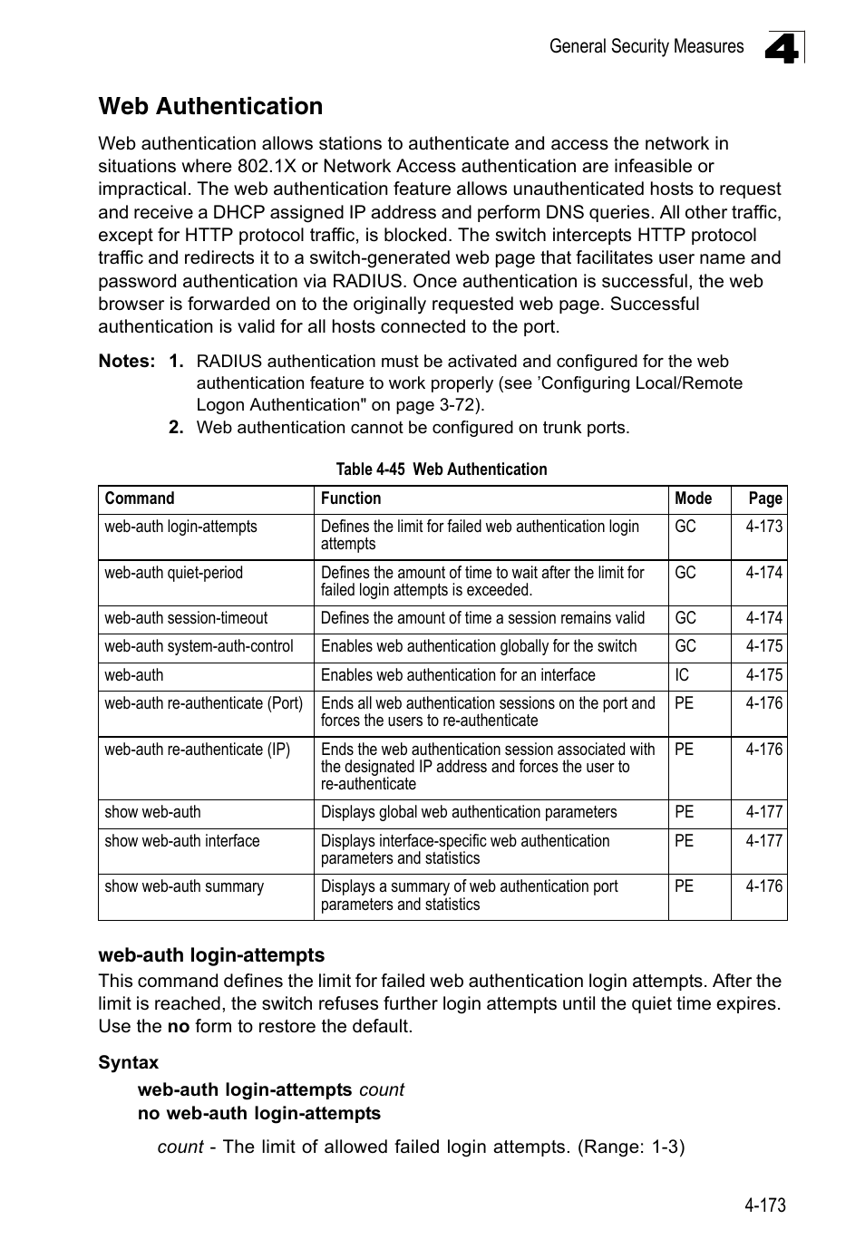 Web authentication, Web-auth login-attempts, Table 4-45 | LevelOne FGL-2870 User Manual | Page 539 / 800