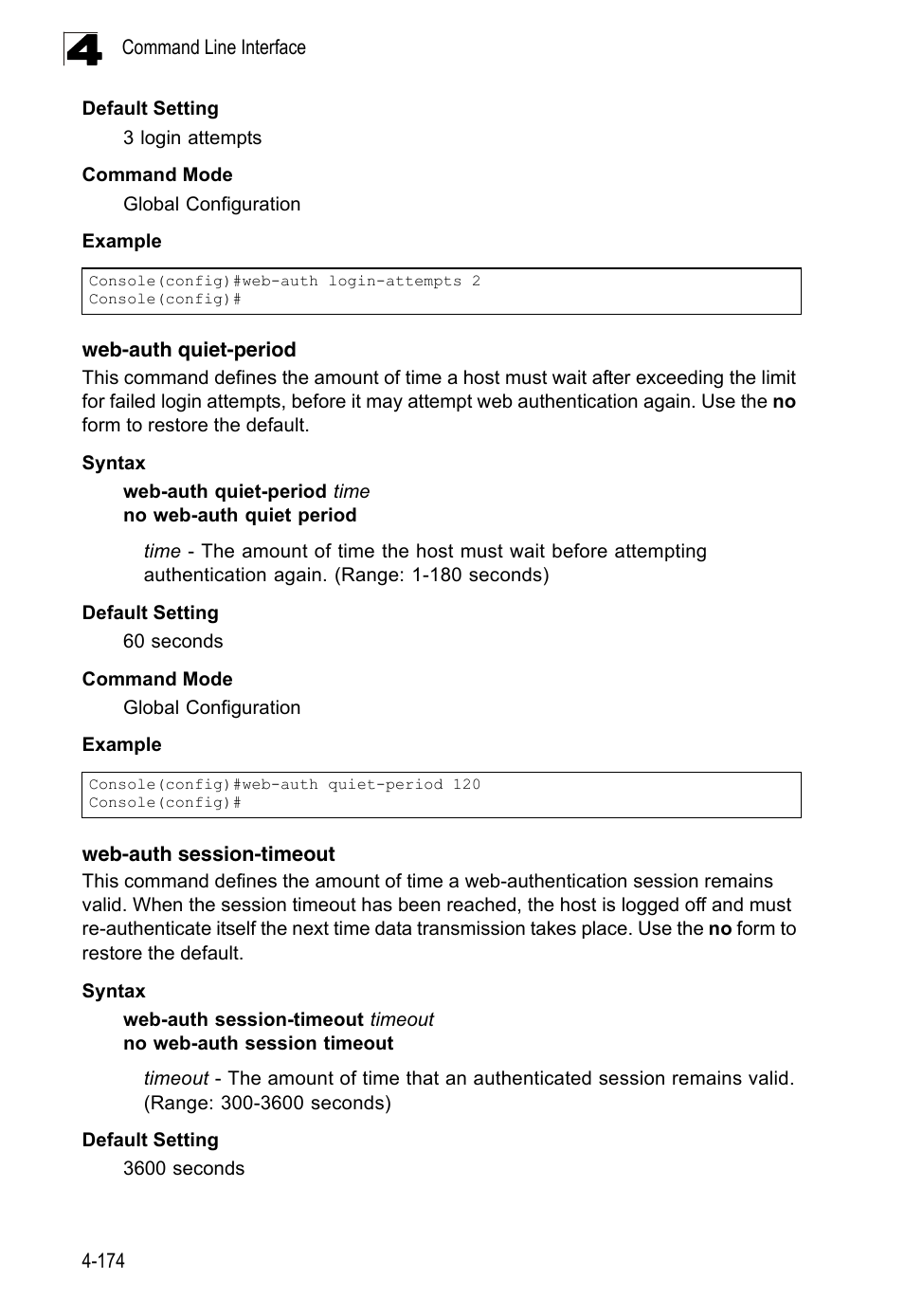 Web-auth quiet-period, Web-auth session-timeout | LevelOne FGL-2870 User Manual | Page 540 / 800