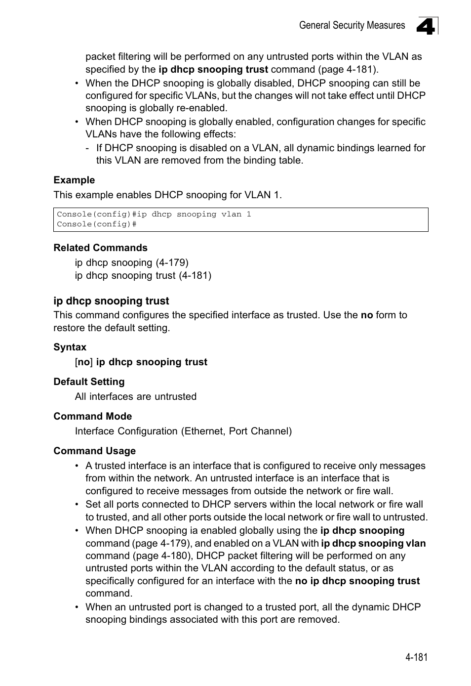 Ip dhcp snooping trust, No ip dhcp snooping trust, Ip dhcp snooping trust (4-181) | LevelOne FGL-2870 User Manual | Page 547 / 800