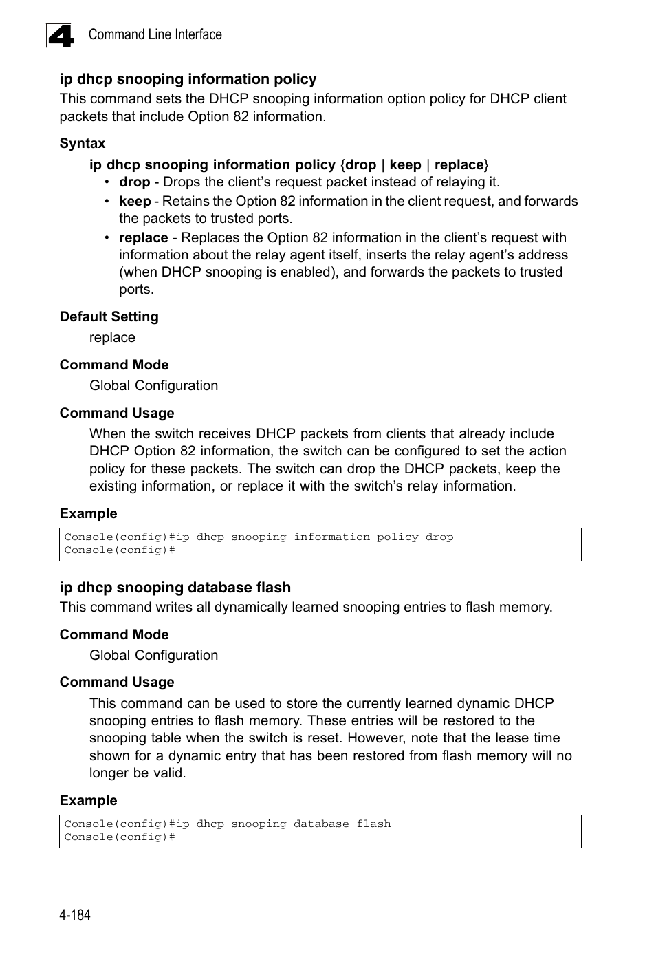 Ip dhcp snooping information policy, Ip dhcp snooping database flash | LevelOne FGL-2870 User Manual | Page 550 / 800