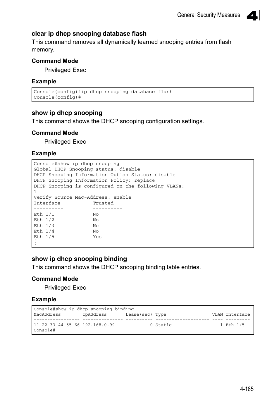 Clear ip dhcp snooping database flash, Show ip dhcp snooping, Show ip dhcp snooping binding | LevelOne FGL-2870 User Manual | Page 551 / 800