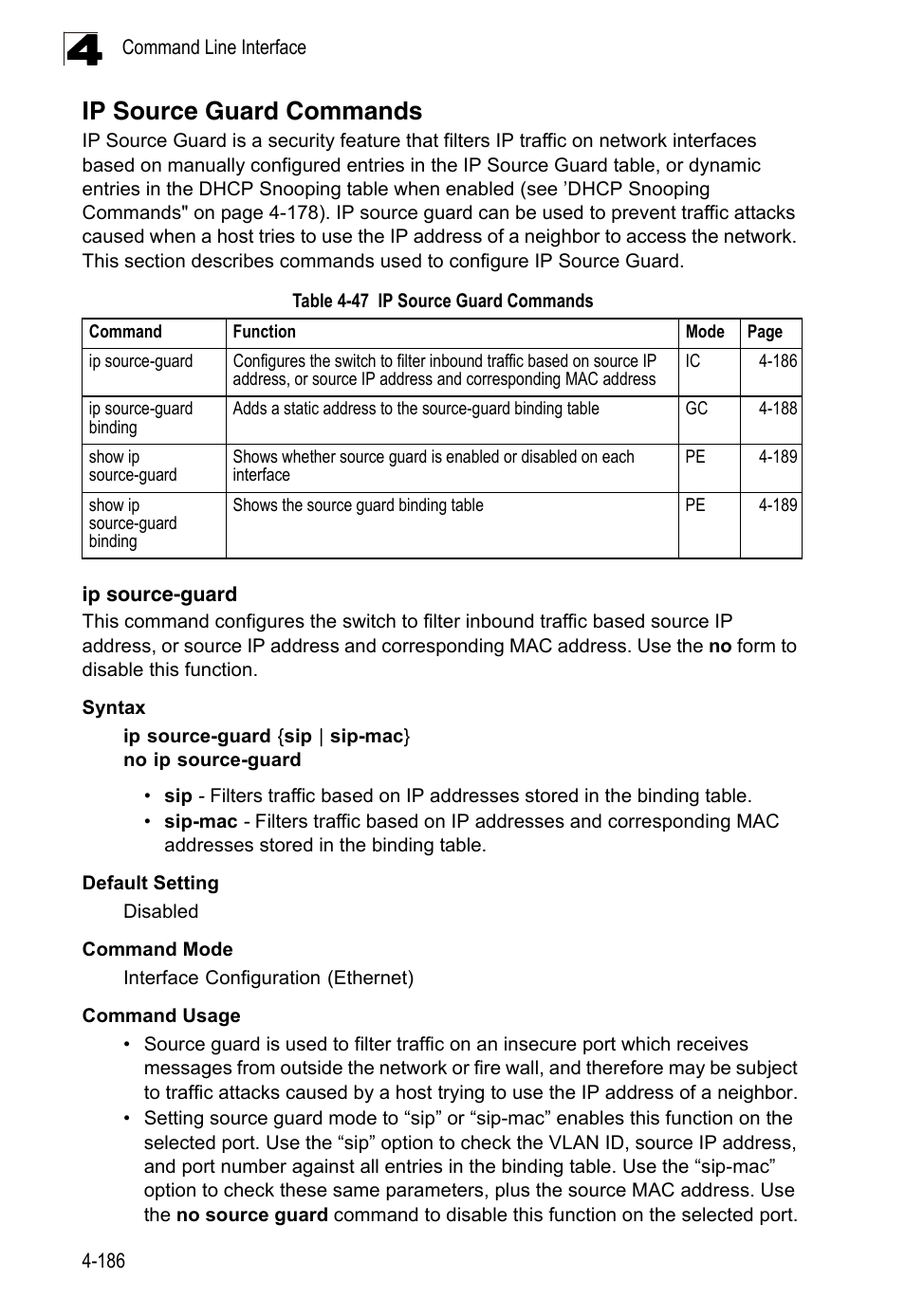 Ip source guard commands, Ip source-guard, Table 4-47 | LevelOne FGL-2870 User Manual | Page 552 / 800