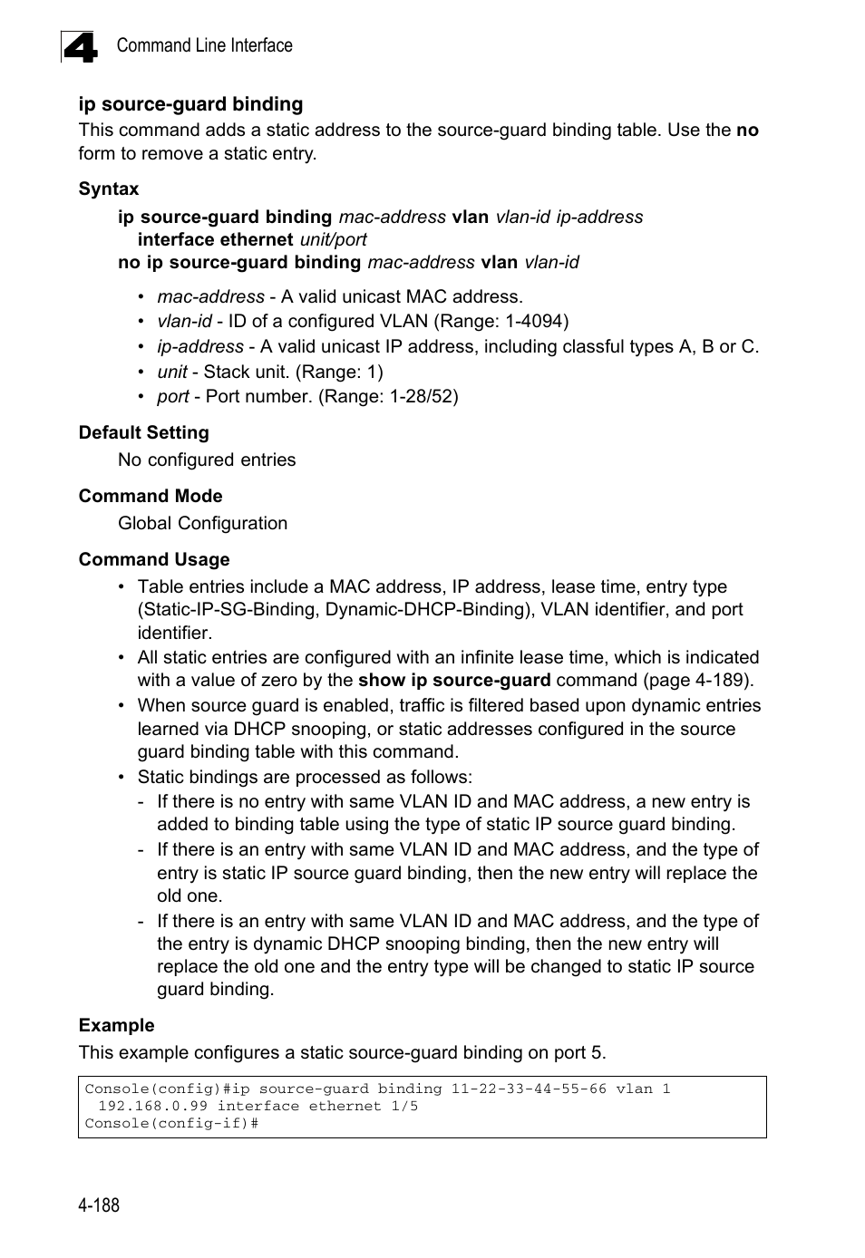 Ip source-guard binding, Source-guard binding, Ip source-guard binding (4-188) | LevelOne FGL-2870 User Manual | Page 554 / 800