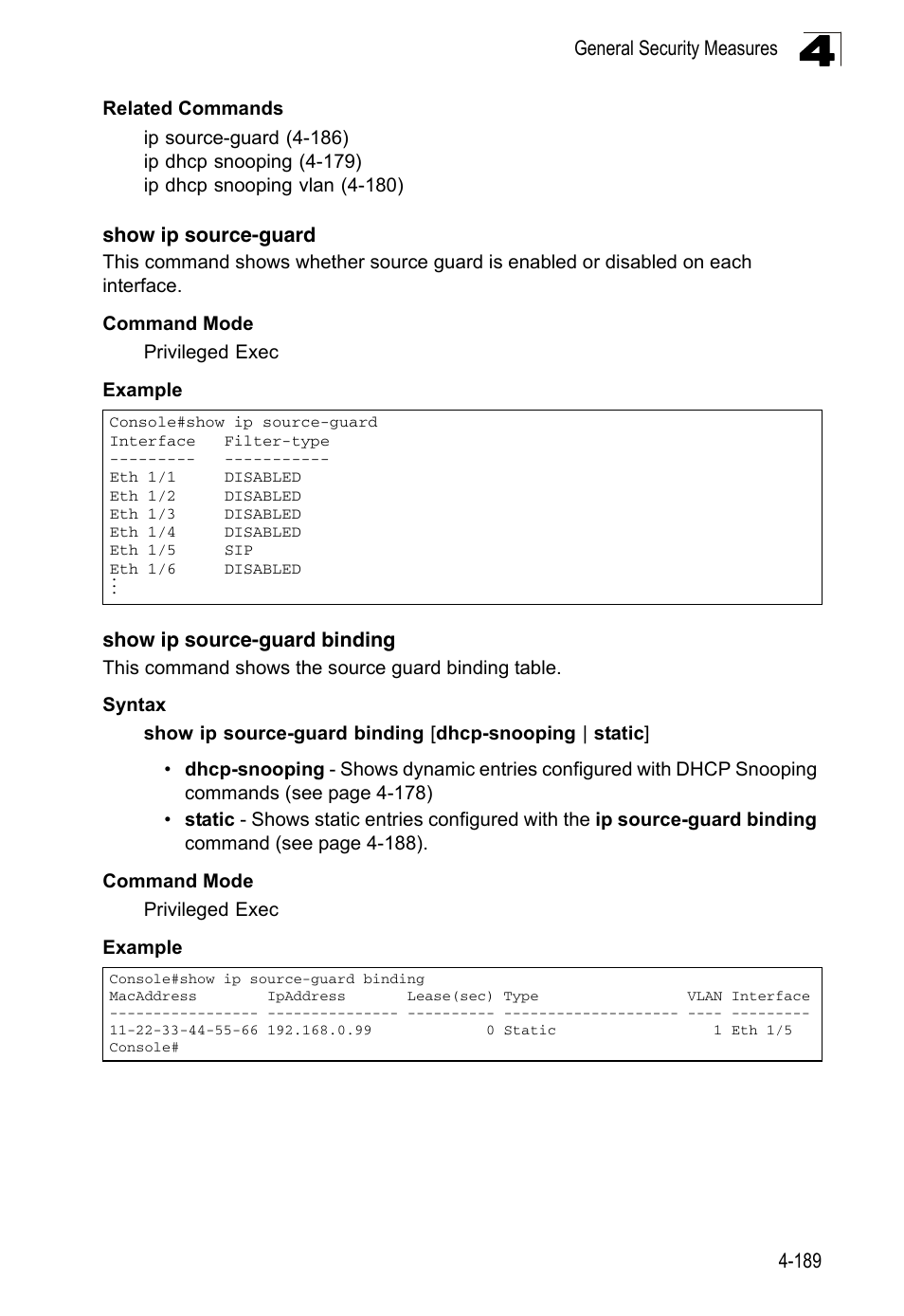 Show ip source-guard, Show ip source-guard binding | LevelOne FGL-2870 User Manual | Page 555 / 800