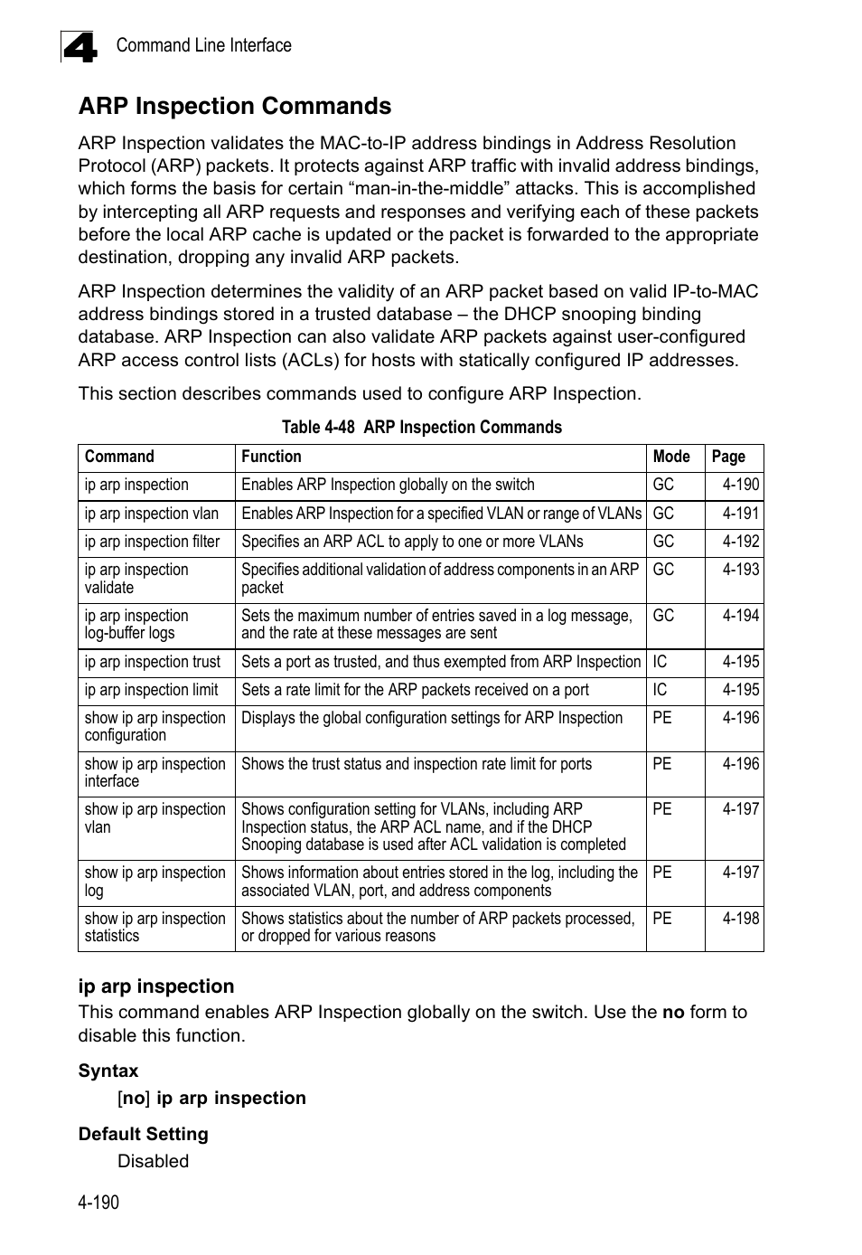 Arp inspection commands, Ip arp inspection, Table 4-48 | LevelOne FGL-2870 User Manual | Page 556 / 800