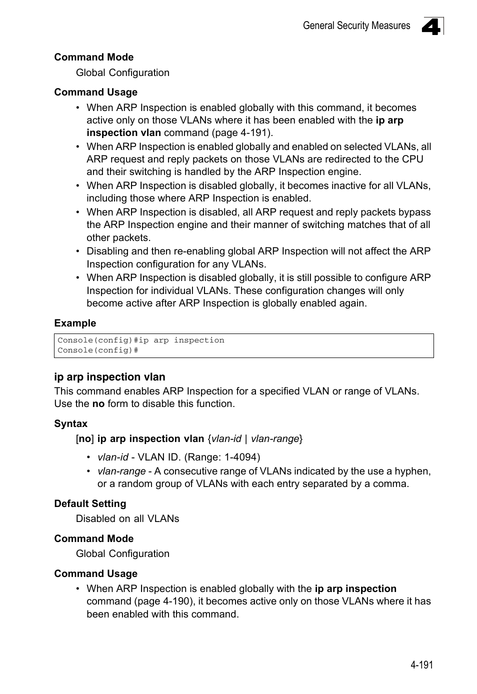 Ip arp inspection vlan | LevelOne FGL-2870 User Manual | Page 557 / 800