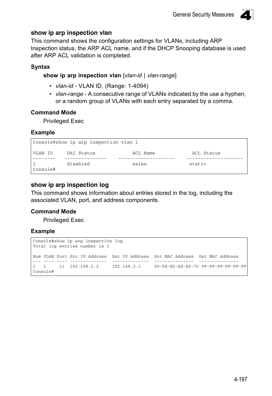 Show ip arp inspection vlan, Show ip arp inspection log | LevelOne FGL-2870 User Manual | Page 563 / 800