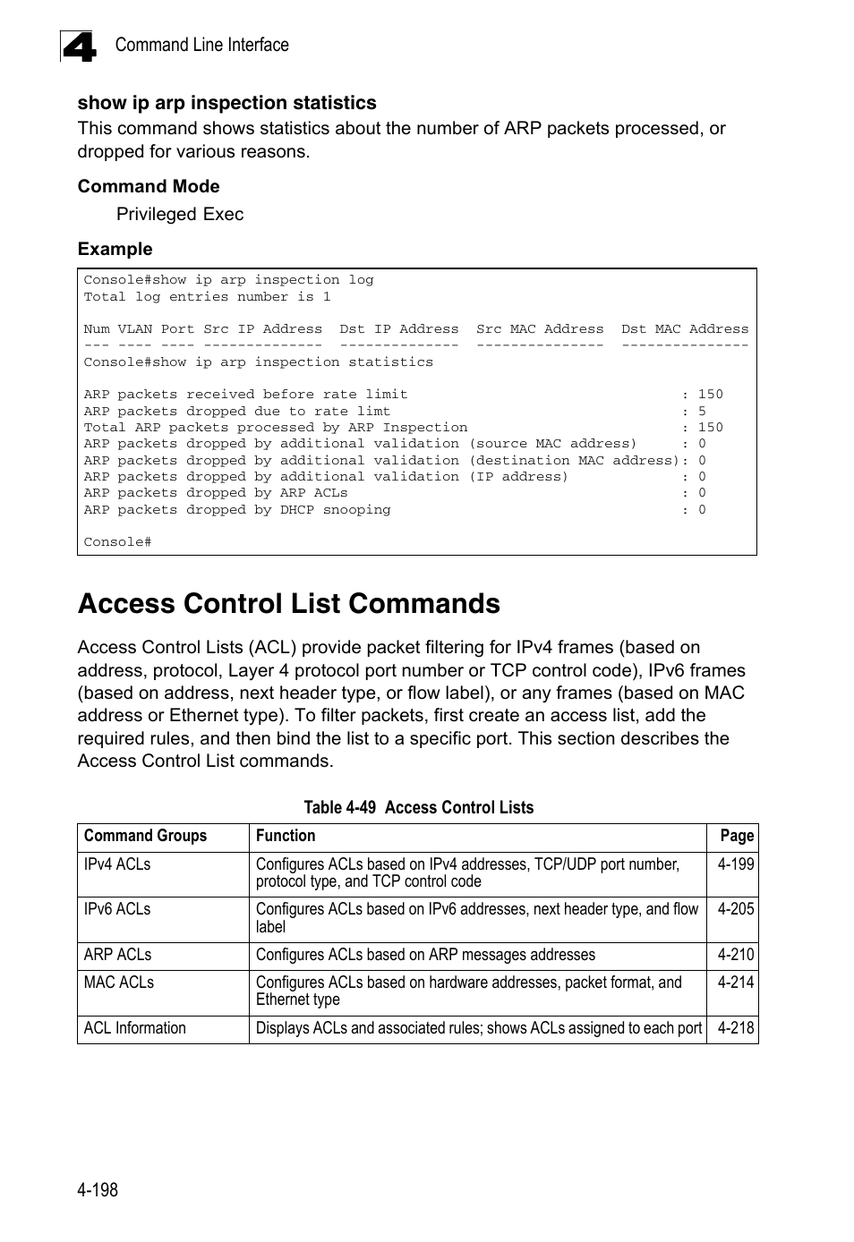 Access control list commands, Show ip arp inspection statistics, Table 4-49 | Access control lists | LevelOne FGL-2870 User Manual | Page 564 / 800