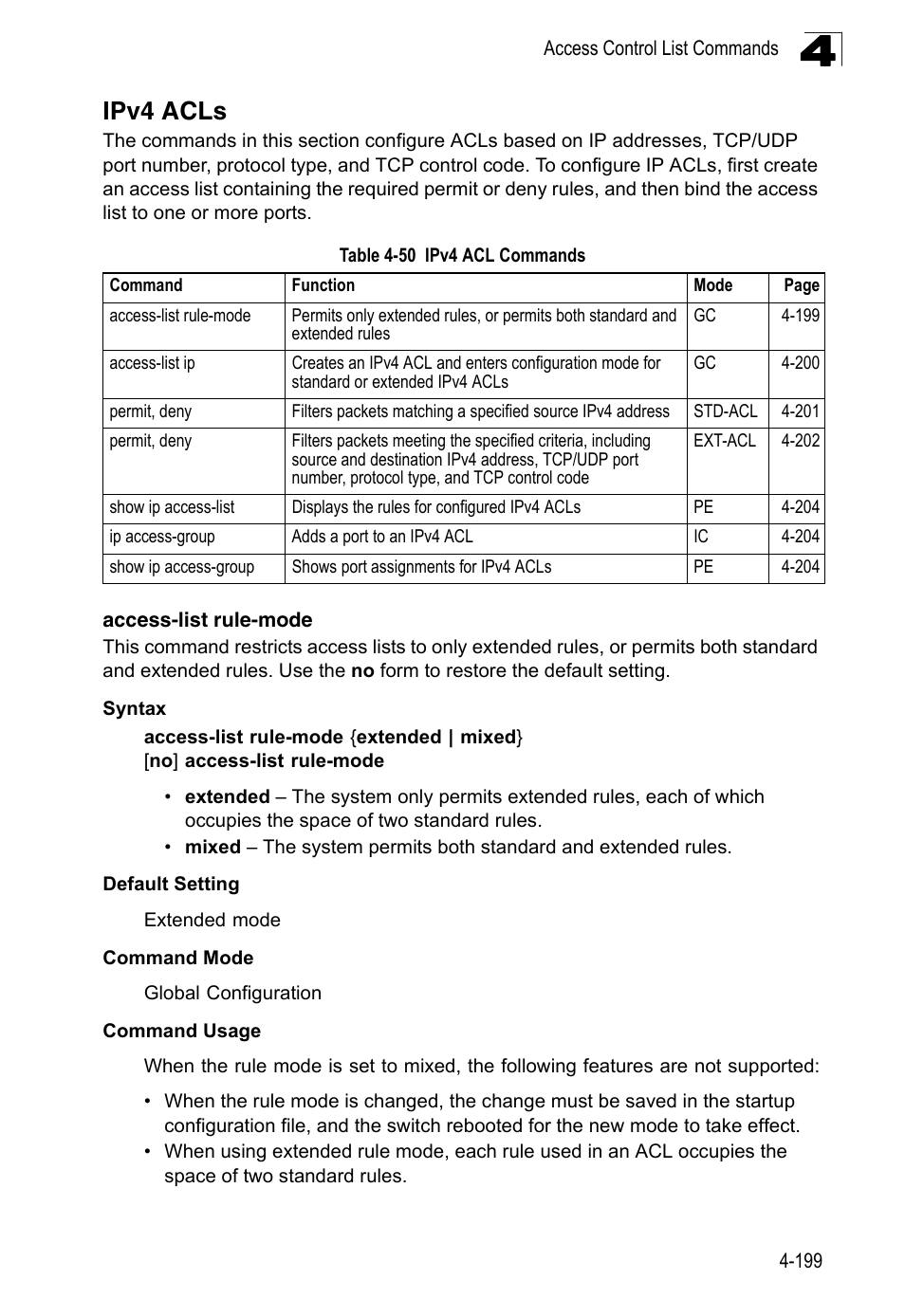 Ipv4 acls, Access-list rule-mode, Table 4-50 | Ipv4 acl commands | LevelOne FGL-2870 User Manual | Page 565 / 800