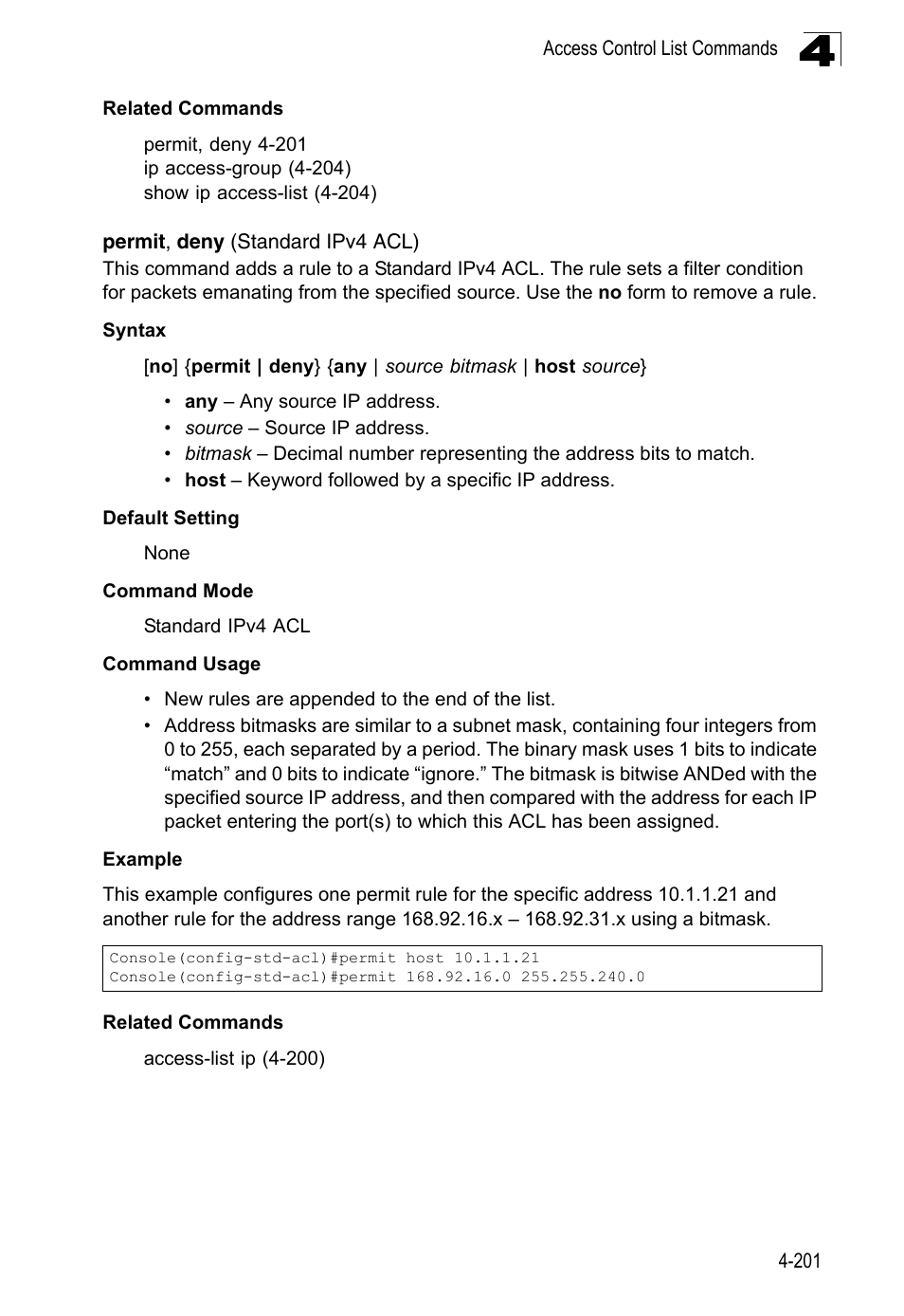 Permit, deny (standard ipv4 acl) | LevelOne FGL-2870 User Manual | Page 567 / 800