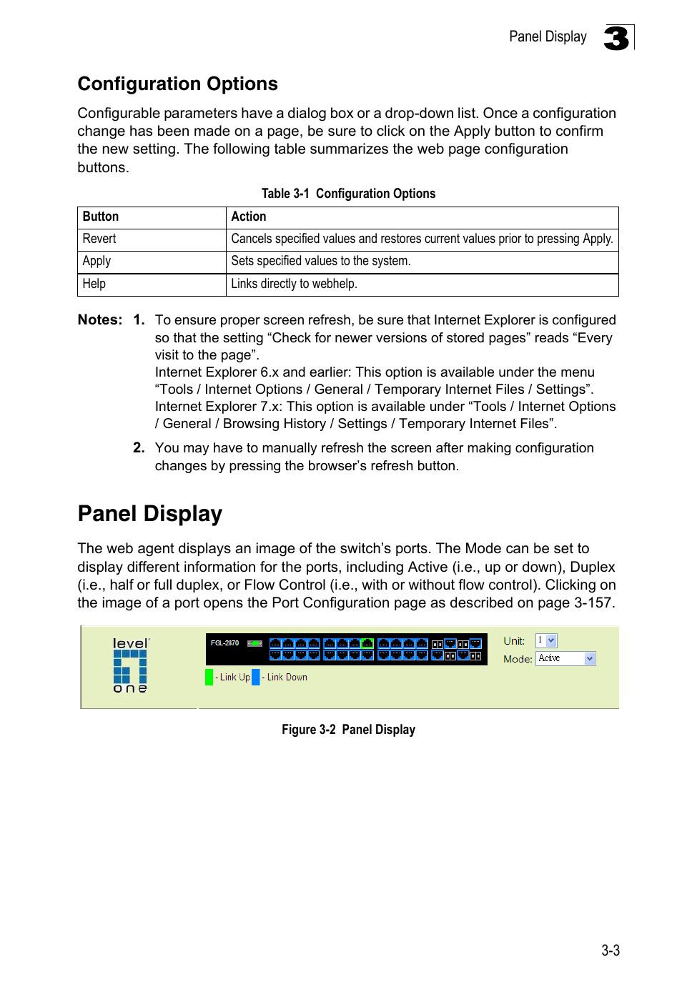 Configuration options, Panel display, Table 3-1 | Figure 3-2 | LevelOne FGL-2870 User Manual | Page 57 / 800